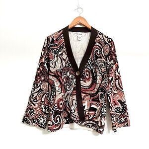 Chico’s Women’s Silk Blend Cardigan Sweater Sz 1 Paisley‎ V Neck 1 Button Front